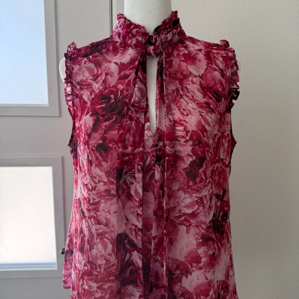 White House Black Market Floral Sleeveless Ruffle Mock Neck Tie Blouse Size M - Picture 3 of 4